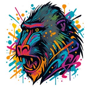 May include: A colourful, stylized illustration of a mandrill's head with an open mouth. The artwork features a dark background with splashes of teal, orange, pink, and yellow, creating a graffiti-like effect. The image is a vibrant display of colour.
