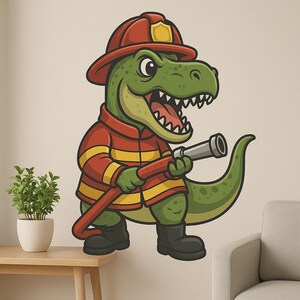 Adhesivo de pared de bombero T-Rex Divertido motivo de dinosaurio con casco y manguera para habitación infantil, sala de juegos o decoración de autocaravanas Fans de los dinosaurios bomberos
