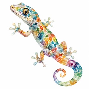 Puede incluir: Una ilustración en acuarela de un gecko con un patrón vibrante y multicolor de manchas azules, verdes, naranjas, amarillas y moradas en todo el cuerpo. El lagarto tiene ojos grandes y oscuros, cuatro patas extendidas con dedos visibles y una cola enroscada.