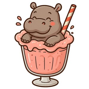 May include: A cartoon hippo in a pink milkshake. The hippo is grey with rosy cheeks, and the milkshake has a striped straw. Two pink droplets are on the left. The milkshake is in a clear glass. A fun, colourful illustration.