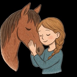 Può includere: Una giovane persona con lunghi capelli castani intrecciati abbraccia un cavallo marrone. Il cavallo ha gli occhi chiusi e si appoggia all'abbraccio. La persona indossa una camicia blu.