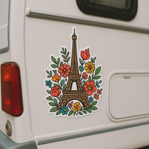 花のエッフェル塔ステッカー。花の要素が入ったロマンチックなパリステッカー。ノートパソコン、車、キャンピングカー、旅行、フランスへのギフトに。