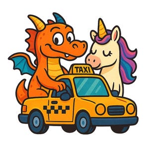 ユニコーンを乗せたタクシー運転手のドラゴン – 面白い漫画ステッカー – 耐候性 – ファンタジー、動物、ユーモアファンへのギフト