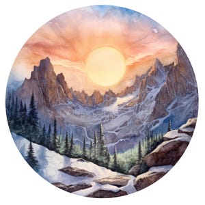 May include: Circular watercolour painting of a mountain landscape. The scene shows snow-covered peaks, evergreen trees, and a setting sun with orange and yellow hues. The artwork evokes a sense of tranquility and peace.