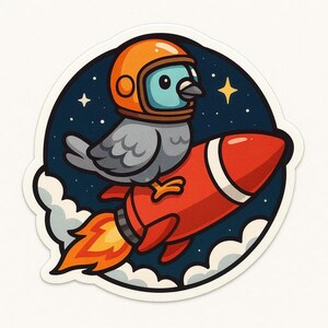 Pegatina de paloma cohete | Paloma de dibujos animados con casco viajando en cohete | Cómic espacial de animales con humor | Pegatina divertida de vuelo