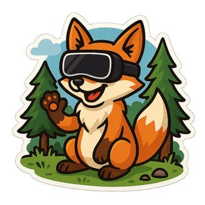 Adesivo di volpe con occhiali VR nella foresta. Divertenti adesivi a forma di fumetto per nerd, gamer, automobili, laptop o regali per gli appassionati di realtà virtuale.