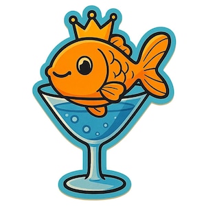マティーニグラスに入った王冠をかぶった金魚 – 面白い漫画ステッカー – 耐候性 – 動物、パーティー、ユーモア好きへのギフト