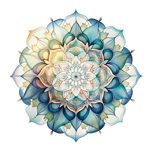 May include: A watercolour mandala with intricate details in shades of blue, green, and yellow. The mandala has a circular design with a central flower-like shape.