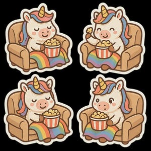 Lindo juego de pegatinas de unicornio, pegatinas de unicornio arcoíris, unicornio de dibujos animados con palomitas de maíz, decoración divertida de unicornio, pegatinas para habitación infantil, kawaii