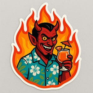 Pegatina de diablo con camisa hawaiana y copa de cóctel. Divertida pegatina de demonio cómico para amigos de verano, fanáticos de la sátira y fanáticos de la pasión.