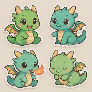 Zestaw naklejek Kawaii Baby Dragon 4 sztuki, urocze naklejki fantasy na laptopa, samochód, kamper, prezent dla dzieci, fani smoków i pocisków