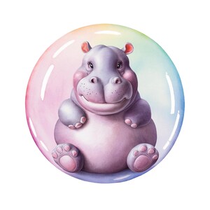 May include: A watercolor illustration of a smiling, cartoon hippo inside a large, transparent bubble. The hippo is light purple with pink accents on its cheeks, ears, and feet. The bubble has a rainbow gradient of colors.