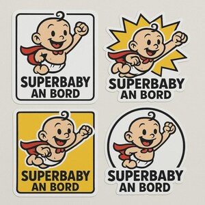 Zestaw naklejek Superbaby on Board – zabawna naklejka na samochód z dzieckiem w pelerynie – styl komiksowy, odporny na warunki atmosferyczne, dla rodziców z poczuciem humoru