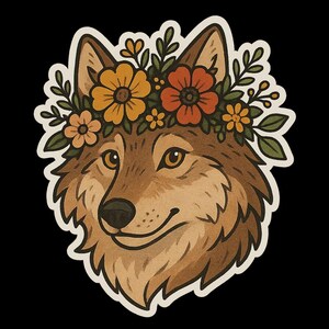 Niedlicher Wolf Sticker mit Blumenkranz – süßer Tieraufkleber Naturmotiv Wolf mit Blumen, niedliches Waldtier Laptop Aufkleber Geschenkidee