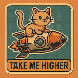 Gato en un cohete con la frase "Llévame más alto". Divertida pegatina de dibujos animados, resistente a la intemperie, regalo para amantes de los gatos, el espacio y el humor.