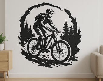 May include: Black and white illustration of a person riding a mountain bike through a forest. The cyclist is wearing a helmet and backpack. The bike is a mountain bike with large tires. The background features trees and a circular frame.