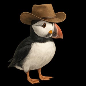 Adesivo per esterni "Puffin con cappello da cowboy", in vinile resistente ai raggi UV, realizzato con pellicola di alta qualità di Orafol.