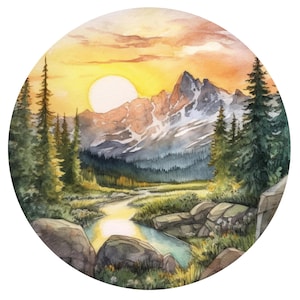 Puede incluir: Pintura a la acuarela de un paisaje montañoso con una puesta de sol. La imagen presenta un río, árboles y una cordillera con picos nevados. El cielo es una mezcla de tonos amarillos, naranjas y rosas.