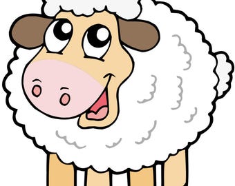 Könnte beinhalten: Eine Cartoon-Illustration eines flauschigen weißen Schafs mit hellbraunem Gesicht, dunkelbraunen Ohren und braunen Hufen. Das Schaf hat große, ausdrucksstarke Augen, die nach oben blicken, eine rosa Schnauze und einen offenen Mund mit einem Lächeln.