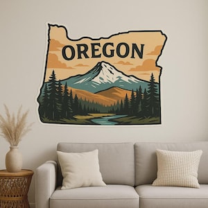 Carte de l'Oregon et autocollant mural paysage motif nature avec contour des montagnes comme autocollant pour mur camping-car ordinateur portable cadeau pour USA extérieur