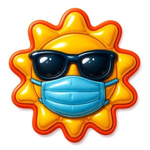 フェイスマスクとサングラスをかけた太陽 – 面白い漫画ステッカー – 耐候性 – 夏と天気ユーモアのファンへのギフト