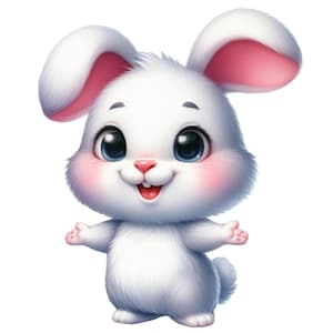 Op de afbeelding: Een cartoon illustratie van een wit konijn met grote blauwe ogen, roze wangen en roze binnenoren. Het konijn heeft zijn armen open in een verwelkomend gebaar en een vrolijke uitdrukking.