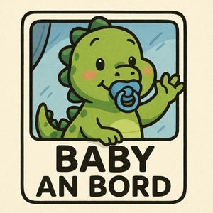 Naklejka na samochód „Baby on Board Dino” – słodka naklejka na samochód z kreskówkowym dinozaurem i smoczkiem – odporna na warunki atmosferyczne i idealna dla rodziców