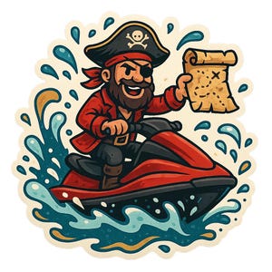 Pirat Sticker auf Jetski mit Schatzkarte Lustiger Comic Aufkleber für Meerfans Schatzsucher und Freibeuterinnen mit Stil