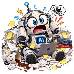 Könnte beinhalten: Ein weißer Roboter mit großen blauen Augen und einem KI-Bildschirm auf der Brust sitzt inmitten von Papierstapeln, Haftnotizen und einem Laptop. Eine umgekippte Kaffeetasse, schwarze Kabel und Bücher mit der Aufschrift IDEEN, PROJEKTE, DEADLINES.