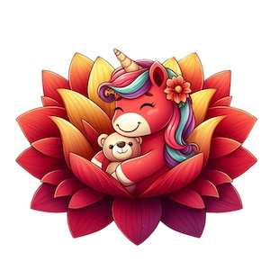 Puede incluir: Ilustración de dibujos animados de un unicornio rosa sonriente con un cuerno dorado, cabello arcoíris y una flor, abrazando un oso de peluche. El unicornio está anidado dentro de una gran flor roja y amarilla, creando una imagen caprichosa y alegre.