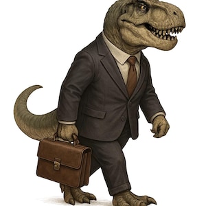May include: An illustration of a Tyrannosaurus Rex in a dark grey suit, white shirt, and brown tie, holding a brown briefcase. The dinosaur is walking with purpose, set against a white background.