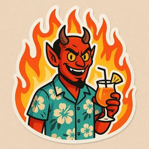 Pegatina de diablo con camisa hawaiana y copa de cóctel. Divertida pegatina de demonio cómico para amigos de verano, fanáticos de la sátira y fanáticos de la pasión.