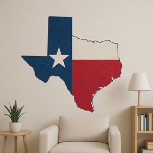 Sticker mural carte du Texas avec drapeau – contour des États américains avec motif Lone Star pour décoration de salon, de garage ou de camping-car pour les fans du Texas USA