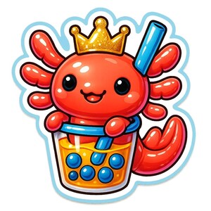 キラキラ輝く王冠をかぶったアホロートルがバブルティーに登場 – かわいい漫画ステッカー – 耐候性 – バブルティー、動物、ユーモアファンへのギフト