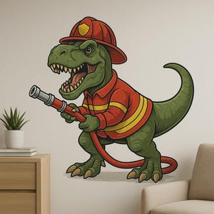 Adhesivo de pared de bombero T-Rex Divertido motivo de dinosaurio con casco y manguera para habitación infantil, sala de juegos o decoración de autocaravanas Fans de los dinosaurios bomberos