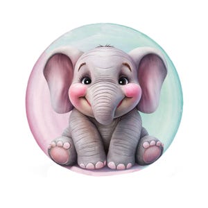 May include: A cute cartoon elephant with large ears, a long trunk, and rosy cheeks. The elephant is sitting and smiling, set against a soft pink and blue watercolor background. The image has a whimsical, playful feel.