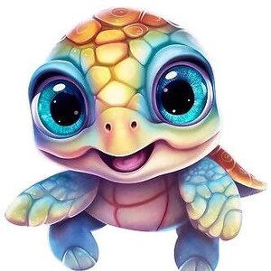 Può includere: Illustrazione di un cartone animato di una tartaruga marina neonata sorridente. La tartaruga ha un guscio colorato con sfumature di giallo, arancione e blu. Ha grandi occhi blu brillante e pinne blu.