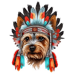 Yorkie Sticker – Lustiger Boho Hund Aufkleber mit Federschmuck im Tribal Stil als originelle Deko für Haustier Fans und Tierportrait Kunst