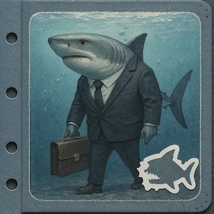 Autocollant de requin en costume avec une mallette. Autocollant de bande dessinée d'entreprise amusant pour l'humour au bureau, la voiture, l'ordinateur portable ou comme cadeau pour les collègues.