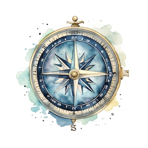 Op de afbeelding: Een aquarel-illustratie van een kompas met een gouden frame en een blauwe wijzerplaat. Het kompas heeft een gouden naald die naar het noorden wijst en de nummers 1 tot en met 12 zijn zichtbaar rond de rand van de wijzerplaat.