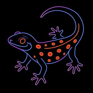 May include: A neon-style illustration of a lizard on a black background. The lizard is outlined in blue and purple, with orange spots and details. The lizard has a curved tail and is depicted with its legs spread out.