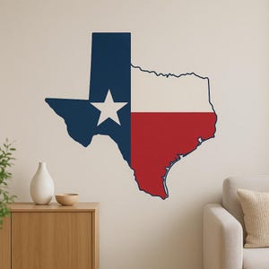 Sticker mural carte du Texas avec drapeau – contour des États américains avec motif Lone Star pour décoration de salon, de garage ou de camping-car pour les fans du Texas USA