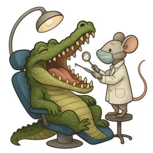 May include: A cartoon illustration shows a green alligator in a dentist's chair, mouth open. A mouse in a mask and lab coat examines the alligator's teeth with dental tools. A lamp shines above the alligator.