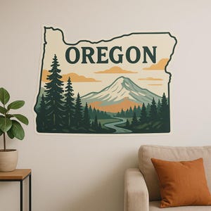 Carte de l'Oregon et autocollant mural paysage motif nature avec contour des montagnes comme autocollant pour mur camping-car ordinateur portable cadeau pour USA extérieur