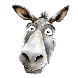 Puede incluir: Ilustración en acuarela de la cabeza de un burro, con ojos grandes y expresivos y un largo hocico gris claro. Las orejas del burro están levantadas y el estilo general es caprichoso y caricaturesco, sobre un fondo blanco.