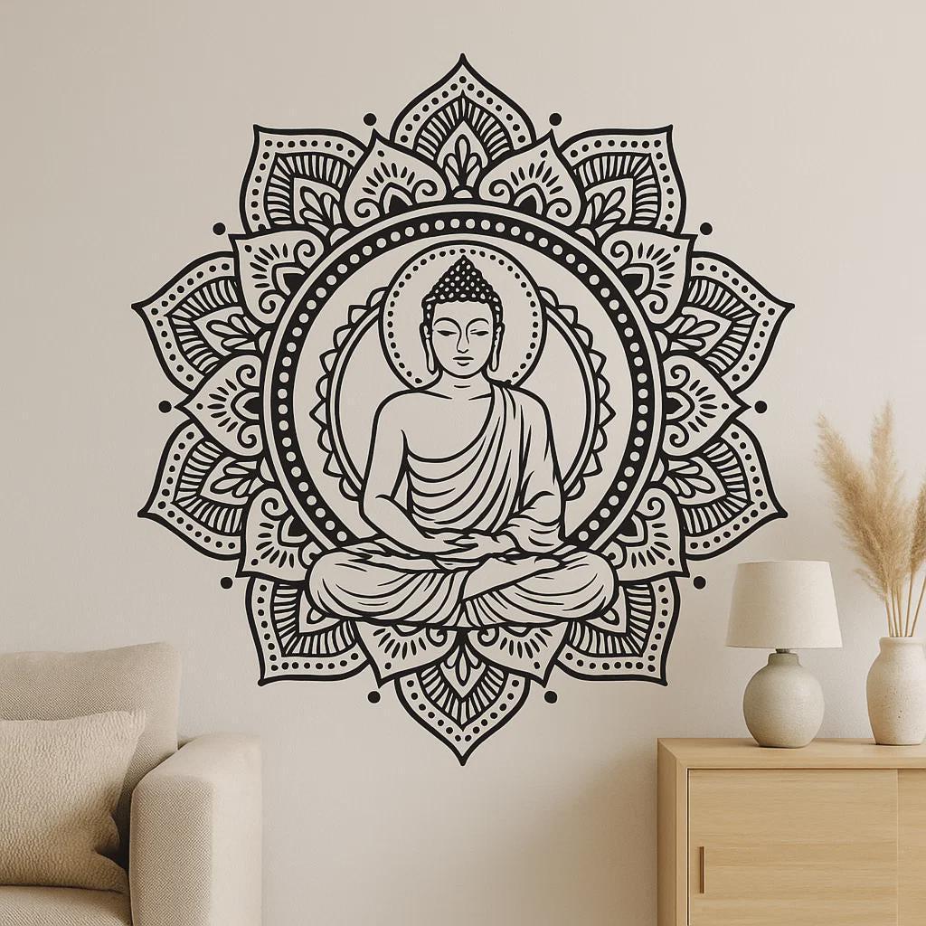 Wandtattoo Buddha & Chinesische Zeichen, 60x60 Cm Schwarz – Selbstklebende Vinylfolie, Leicht Anzubringen & Rückstandslos Entfernbar