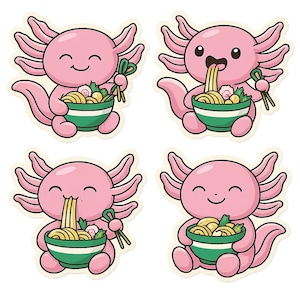 Lindo juego de pegatinas de ajolote comiendo ramen. Divertida pegatina kawaii para portátil, coche, caravana, regalo para fans del anime y amantes de los animales.