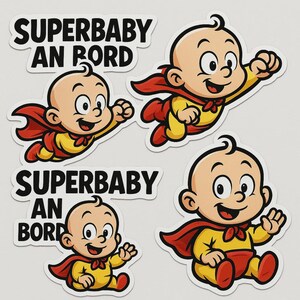 Zestaw naklejek Superbaby on Board – zabawna naklejka na samochód z dzieckiem w pelerynie – styl komiksowy, odporny na warunki atmosferyczne, dla rodziców z poczuciem humoru