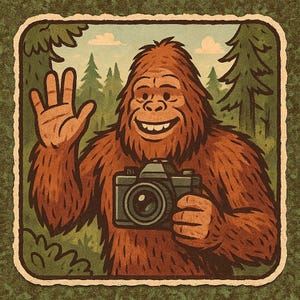 Könnte beinhalten: Vintage-Illustration eines lächelnden Bigfoot, der eine Kamera hält und winkt. Das Bild zeigt einen braunen, pelzigen Bigfoot in einer Waldkulisse mit Kiefern und blauem Himmel. Das Kunstwerk hat einen Retro- und Outdoor-Vibe.