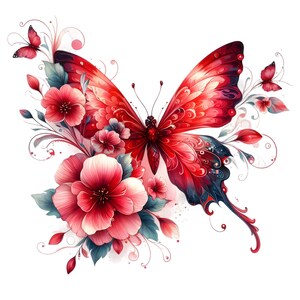 Könnte beinhalten: Aquarell-Illustration eines Schmetterlings mit roten und rosa Flügeln, akzentuiert mit dunkelblauen Details. Der Schmetterling ist von rosa Blüten und grünen Blättern umgeben, die ein florales Design auf weißem Hintergrund bilden.